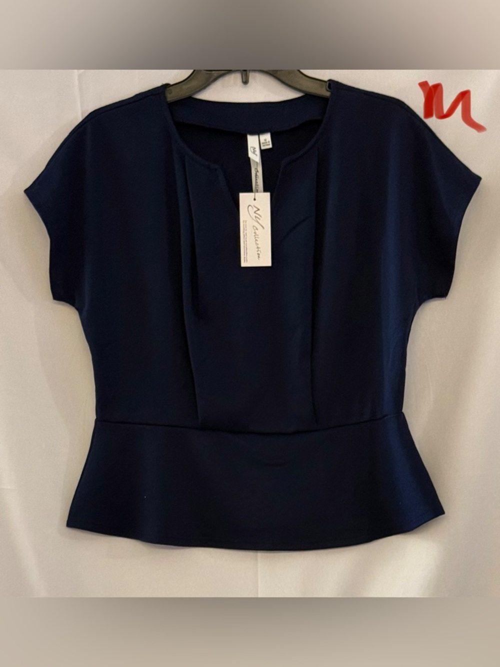 NY Collection Navy Peplum Blouse with Notch Neck
